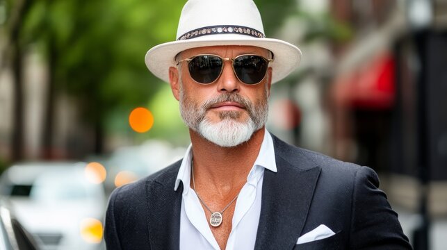 Man wearing a white hat and sunglasses is standing on a street. He is wearing a suit and a white shirt