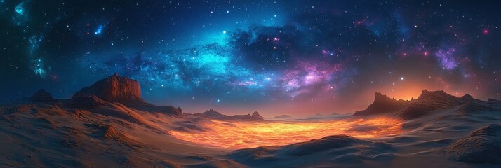 Fototapeta premium Alien beach with luminous multicolored sand beneath a vibrant night sky, otherworldly atmosphere, cosmic hues, enchanting scenery