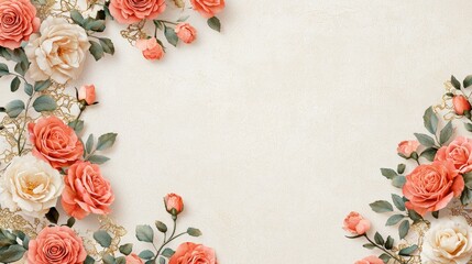 A beautiful arrangement of peach and cream roses with green leaves, creating an elegant floral border against a light background.