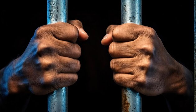Close-up of hands gripping jail bars, symbolizing imprisonment, restriction, and the concept