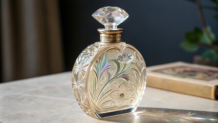 A beautiful glass crystal perfume bottle with a floral pattern, close-up, photo illustration. Generative AI.