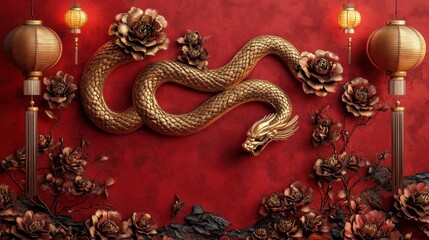 Festive red background showcasing a golden snake, intricate floral decorations, and glowing lanterns for Chinese New Year 2025.