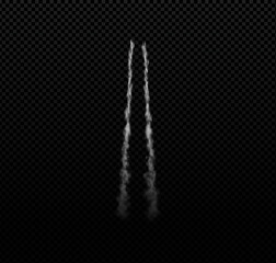 Rocket or jet aircraft vector smoke trail two straight stripes, realistic white fume flow, space launch trace, fog steam © sabelskaya
