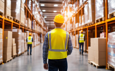 Two warehouse workers in safety vests and helmets walking through a large storage facility with shelves.