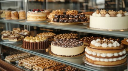Assortment of delicious cakes and pastries showcased in a bakery display case