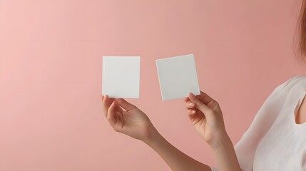 Obraz premium Close-up of woman holding two empty square cards. Mockup templates for greeting cards, brochures or invitations with customizable text area. Presentation for creative design layouts on pink background
