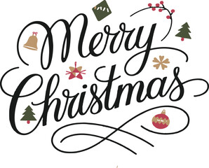 Create a simple "Merry Christmas" typography, calligraphy add some ornaments with white background