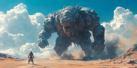 Desert Duel, an apocalypse warrior confronts a colossal mechanical beast in a vast desert landscape, vibrant digital art evokes tension and drama