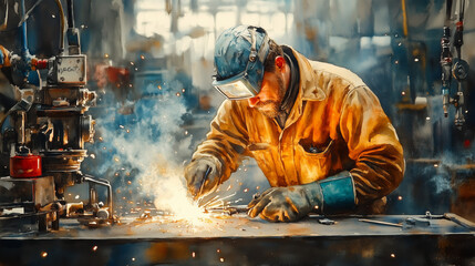 Watercolor Welder at Work: A Fusion of Art and Industry