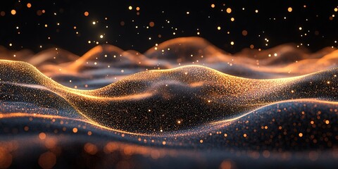 Dreamy waves of shimmering particles create an enchanting abstract landscape at night