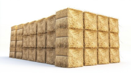 Fototapeta premium Multiple square straw bales stacked symmetrically on a clean white background, ideal for agricultural and rural concepts.