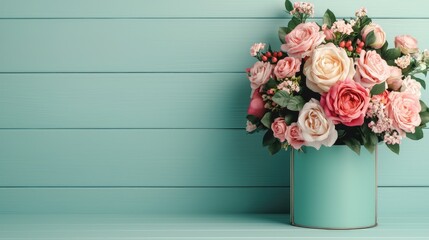 A vibrant bouquet of pink and white roses in a teal vase against a soft, wooden background.
