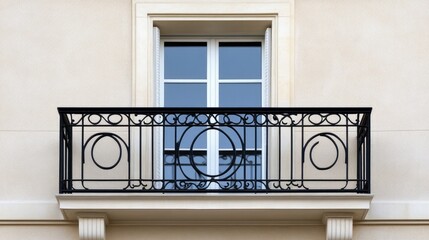 Elegant black iron balcony with charming white windows against a soft beige house exterior