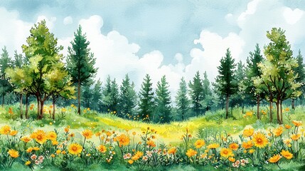 Obraz premium Vibrant meadow filled with wildflowers under a bright sky with tall trees in a peaceful natural setting