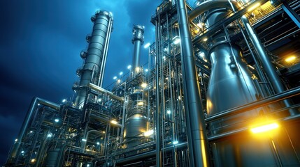 Industrial facility with illuminated pipes and structures.