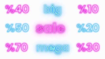 neon lights sale text and discount percent numbers on transparent background,png  big and mega season sale overlay design element