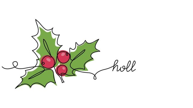 Holly berry animated illustration for Christmas. One continuous line art drawing animation, background with lettering holly berry