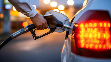 Naklejka premium A detailed close-up of the fuel nozzle in the carâs tank, with a manâs hand operating the pump handle, illuminated by station lights