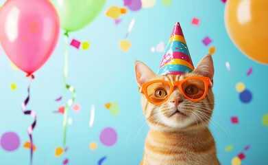 Fototapeta premium A cat wearing a party hat and glasses surrounded by balloons and confetti on a festive background.