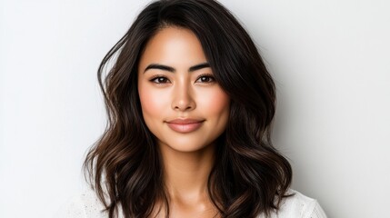 Radiant young Asian woman with even-toned, hydrated skin posing against a white background.
