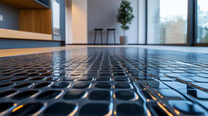 A detailed view of flexible hydronic tubes arranged neatly under tiled flooring, with heat radiating evenly across the surface
