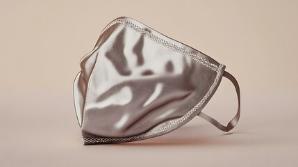 Elegant silver-grey cloth mask with delicate stitching on a light beige background