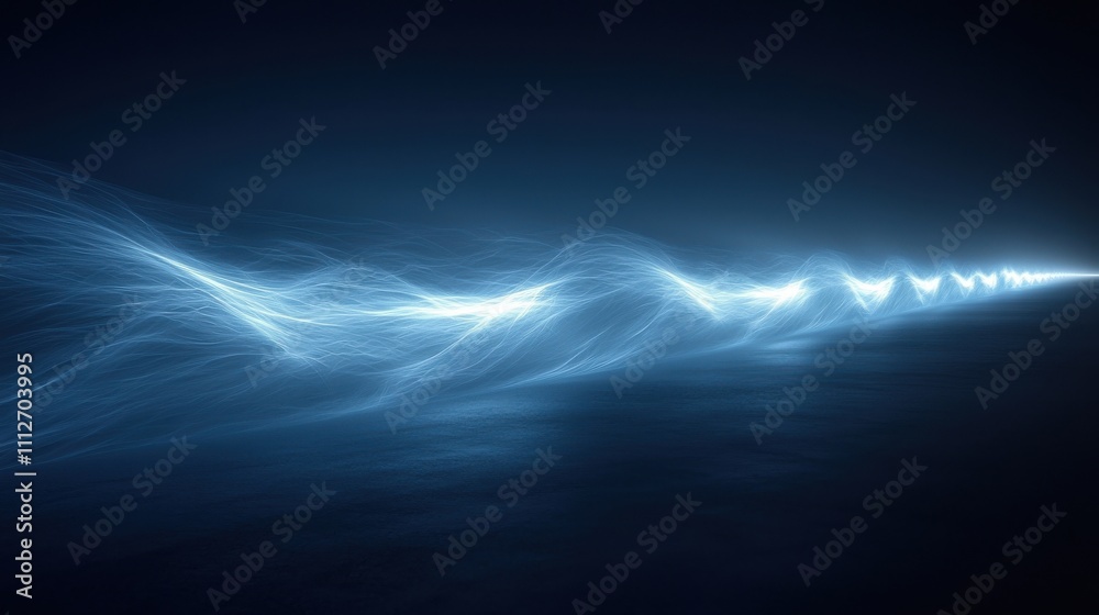 Poster light waves create a mesmerizing blue pattern in a dark environment during a digital art display