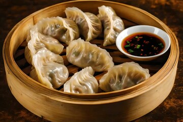 Savory Pork and Chive Dumplings in Bamboo Steamer, chives, dipping, sauce, food