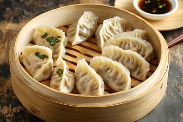 Savory Pork and Chive Dumplings in Bamboo Steamer, chives, dipping, sauce, food