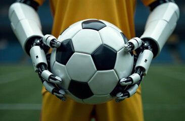 Robot player artificial intelligence hold soccer ball in hands. AI Generative