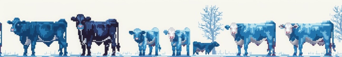 Cows in Cross-Stitch Ornament, seamless pixel art of light blue cows on white background, inspired by Russian embroidery traditions