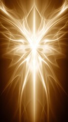 Ethereal golden light forms a symmetrical, abstract pattern resembling angelic wings, AI
