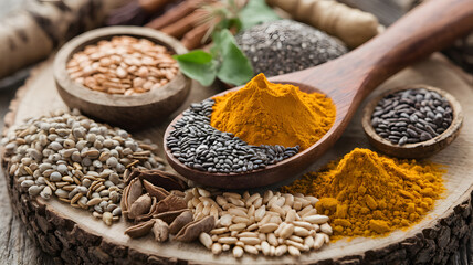 A wooden spoon filled with yellow turmeric powder, surrounded by various spices and seeds on a rustic wooden surface. Includes black and white sesame seeds, flax seeds, and star anise.