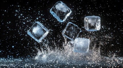 Refreshing Ice Cubes in Motion, water, droplets, frost, refreshment