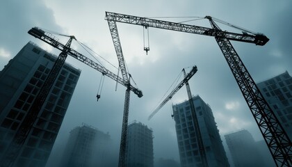 Builder standing amidst cranes and steel structures on a city construction site inspiring imagery capturing hard work and urban transformation