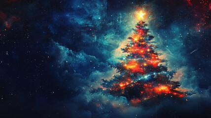 Obraz premium Magical glowing Christmas tree surrounded by cosmic stars and colorful nebulae in a festive galaxy night scene.