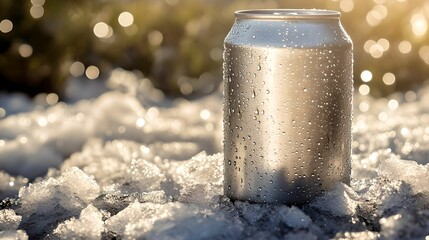 Refreshing Cold Beer Can on Crushed Ice, condensation, sunlight, outdoors, droplets