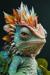 A close up of a chameleon with feathers on its head