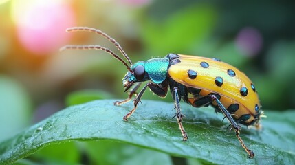 Fototapeta premium Spotted Bug. Yellow black spotted beetle on green leaf closeup, nature