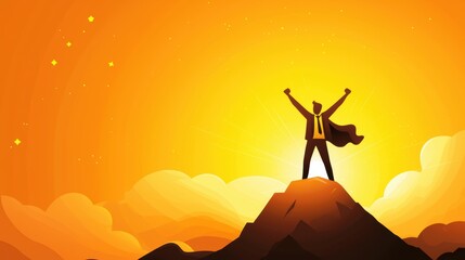 Confident figure in a suit raising arms in victory on a mountaintop at sunrise powerful imagery for success perseverance and achieving dreams
