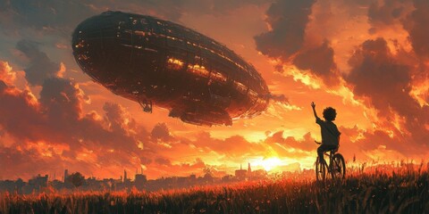 Bicycle Farewell at Dusk, a child waves goodbye to a departing airship under a vibrant sunset, capturing a moment of adventure and nostalgia.