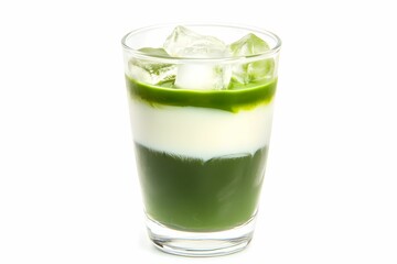 Icy Matcha Latte with Layers of Milk and Ice, drink, green, refreshing, glass