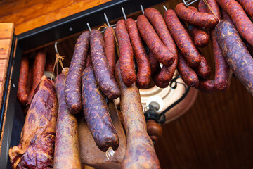 Fototapeta premium Meat sausages and hot dogs on the counter at the markets