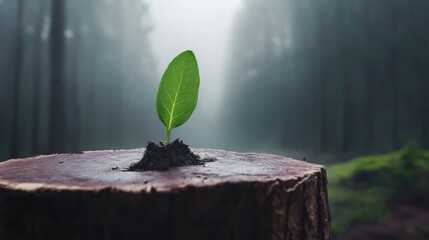 Fresh green sprout atop a decayed tree trunk amidst a foggy forest background symbolic of life s persistence and nature s ability to heal