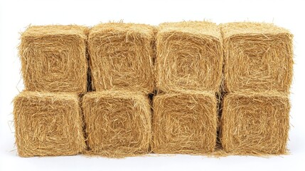 Stacked rows of straw bales with perfect alignment against a bright white background, highlighting precision and care.
