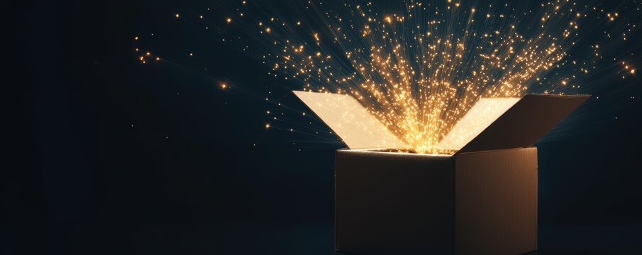Glowing light beams emerging from an open cardboard box in a dark room magical and mysterious imagery symbolizing discovery and limitless possibilities