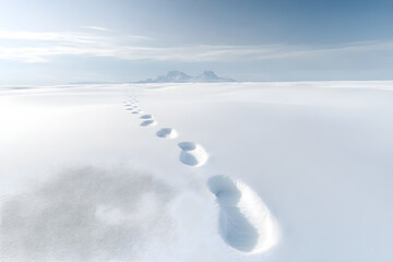 Obraz premium Solitary Journey: A Trail of Footprints Etched Across Winter's Pristine Canvas