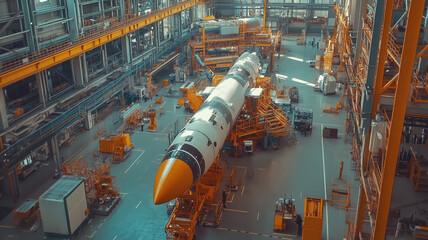 Space rocket in the assembly stage inside a spacious industrial hangar with bright lighting and advanced equipment.