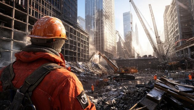 Builder standing amidst cranes and steel structures on a city construction site inspiring imagery capturing hard work and urban transformation