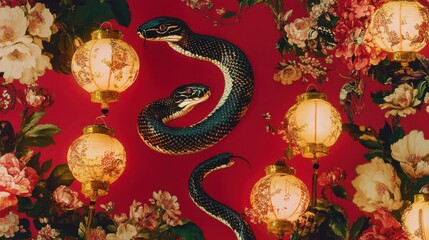 Obraz premium Year of the Snake celebration with intricate serpent patterns, floral motifs, and glowing lanterns on a bright red background.